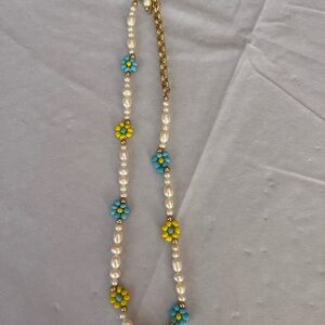 Eliou Pearl Necklace with Blue and Yellow Floral Details
